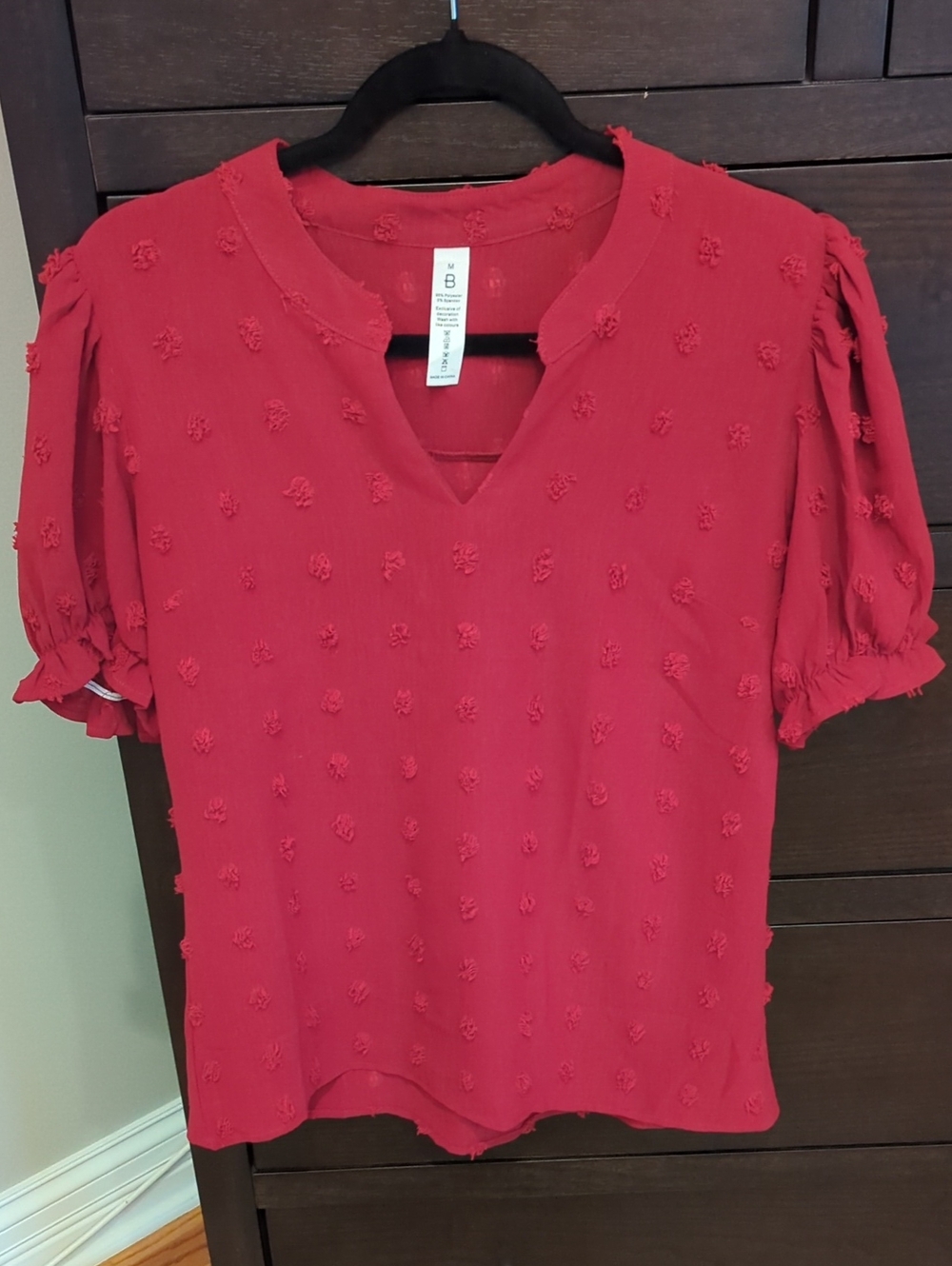 Source Unknown Red Textured V-Neck Puff Sleeve Blouse
